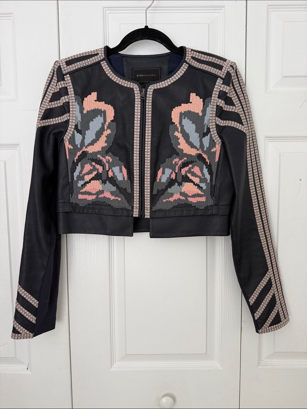 BCBGMaxAzria DUKE Soft Faux Leather Cropped Jacket Embroidered Panels Size M